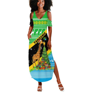Tanzania Christmas Summer Maxi Dress Giraffe Christmas Tree Snowflakes and Flag - African Pride