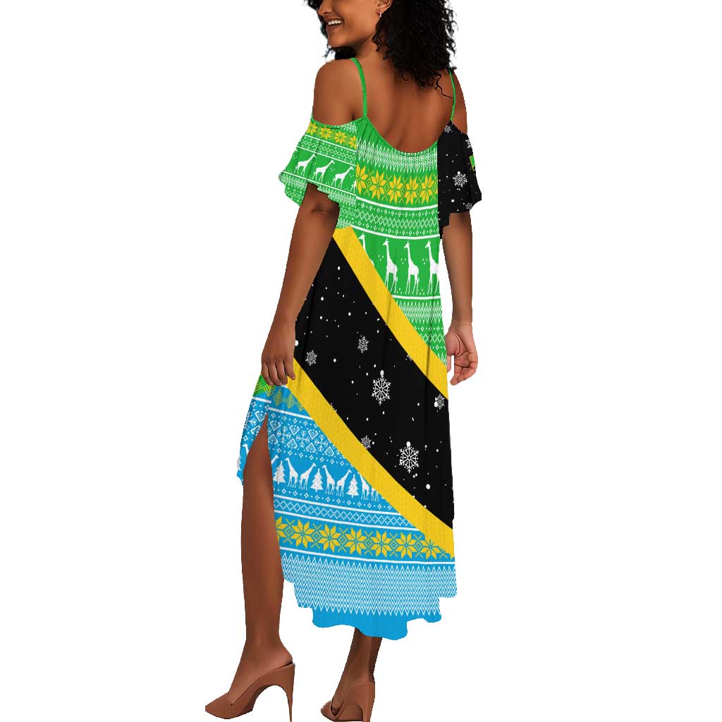 Tanzania Christmas Summer Maxi Dress Giraffe Christmas Tree Snowflakes and Flag - African Pride