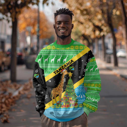 Tanzania Christmas Sweatshirt Giraffe Christmas Tree Snowflakes and Flag - African Pride