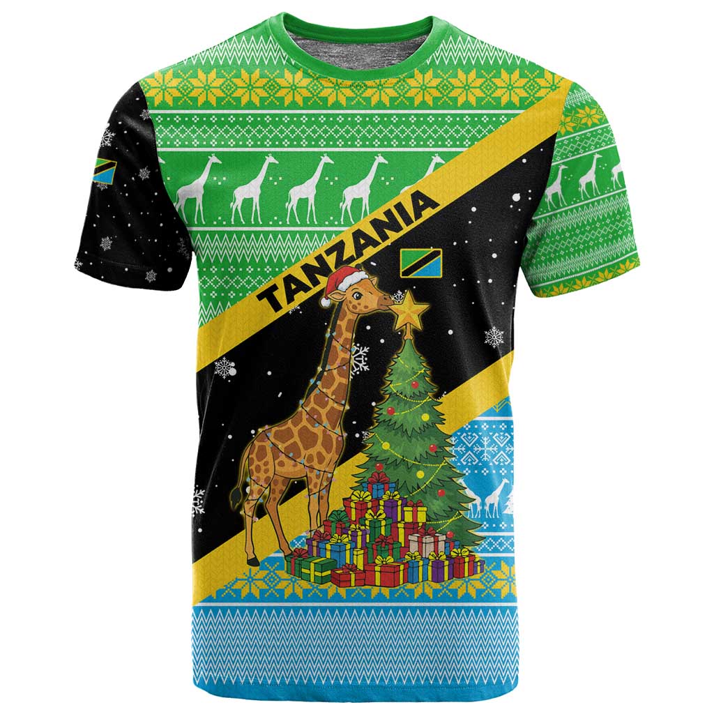 Tanzania Christmas T shirt Giraffe Christmas Tree Snowflakes and Flag - African Pride