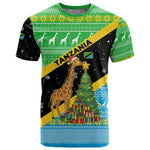 Tanzania Christmas T shirt Giraffe Christmas Tree Snowflakes and Flag - African Pride