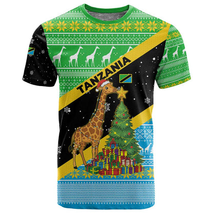 Tanzania Christmas T shirt Giraffe Christmas Tree Snowflakes and Flag - African Pride