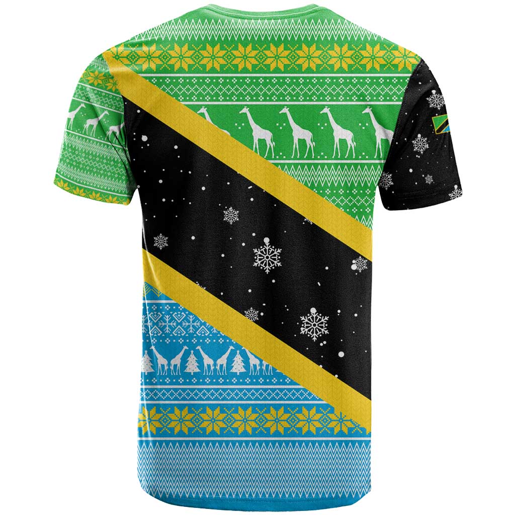 Tanzania Christmas T shirt Giraffe Christmas Tree Snowflakes and Flag - African Pride