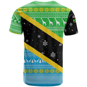 Tanzania Christmas T shirt Giraffe Christmas Tree Snowflakes and Flag - African Pride