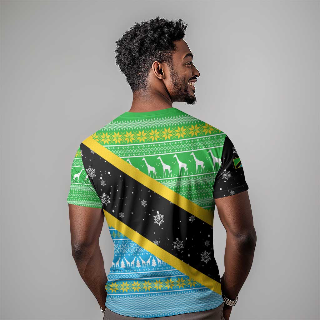 Tanzania Christmas T shirt Giraffe Christmas Tree Snowflakes and Flag - African Pride