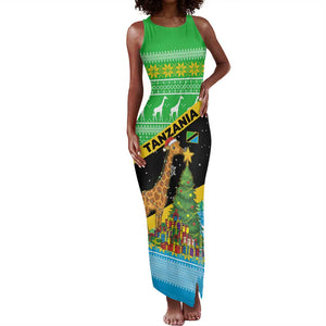 Tanzania Christmas Tank Maxi Dress Giraffe Christmas Tree Snowflakes and Flag - African Pride