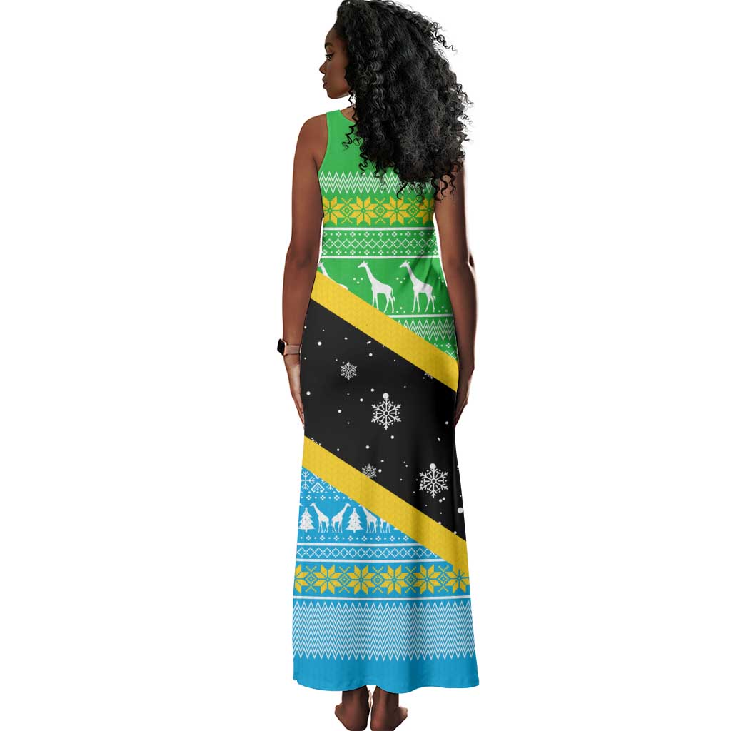 Tanzania Christmas Tank Maxi Dress Giraffe Christmas Tree Snowflakes and Flag - African Pride