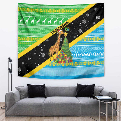 Tanzania Christmas Tapestry Giraffe Christmas Tree Snowflakes and Flag - African Pride
