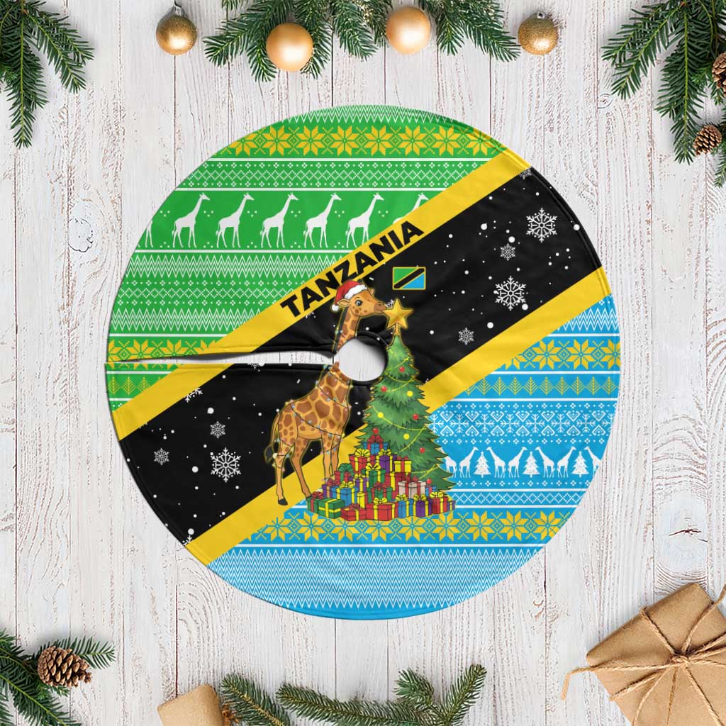 Tanzania Christmas Tree Skirt Giraffe Christmas Tree Snowflakes and Flag - African Pride