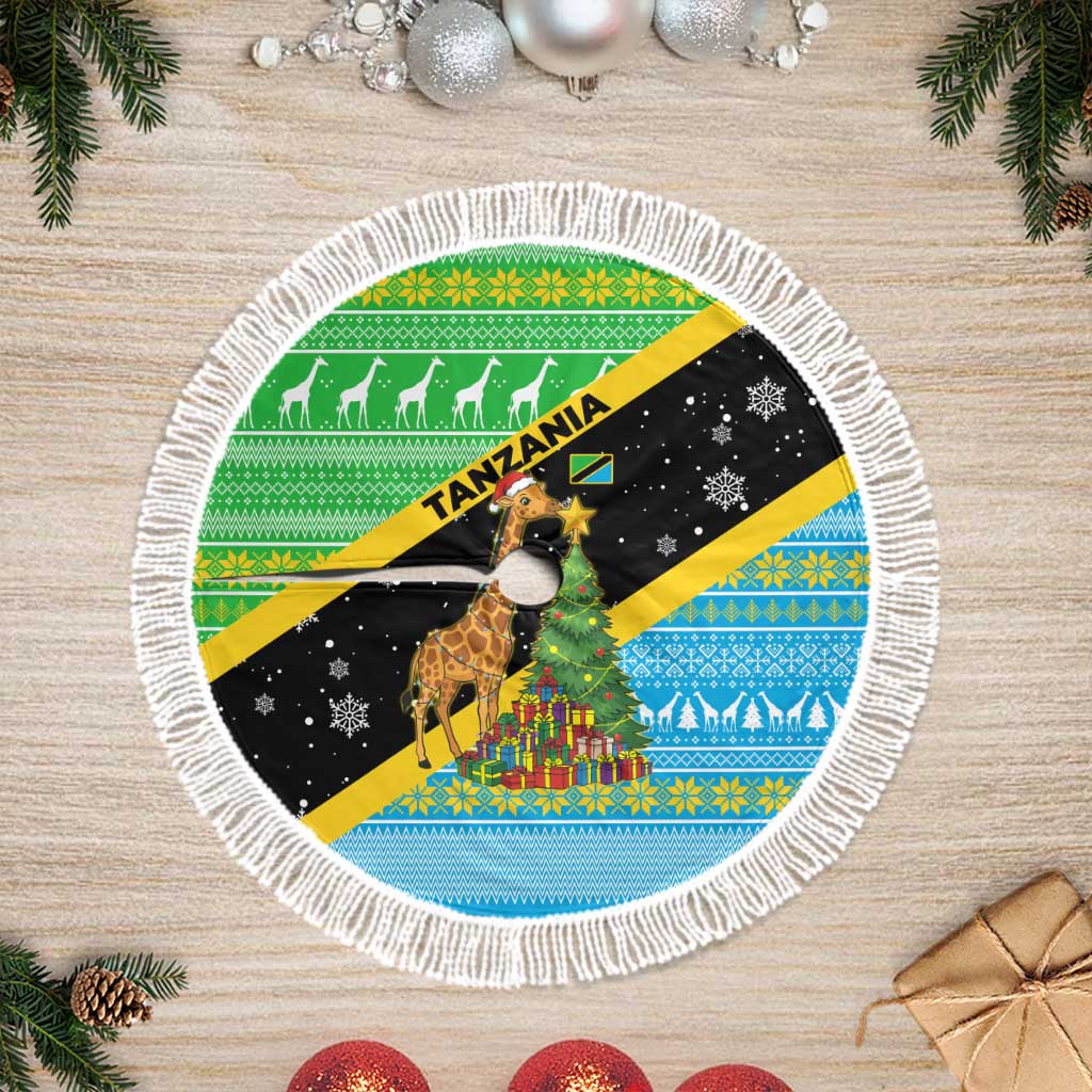 Tanzania Christmas Tree Skirt Giraffe Christmas Tree Snowflakes and Flag - African Pride
