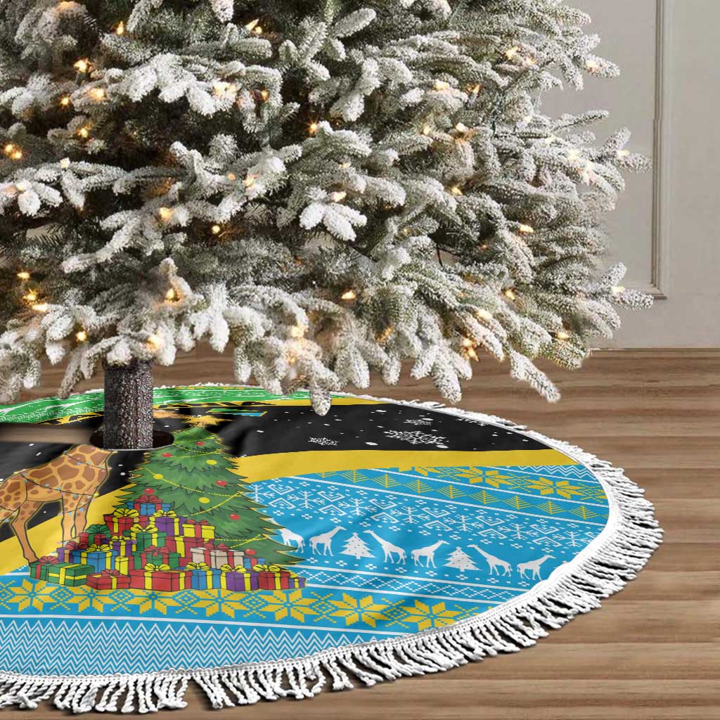 Tanzania Christmas Tree Skirt Giraffe Christmas Tree Snowflakes and Flag - African Pride
