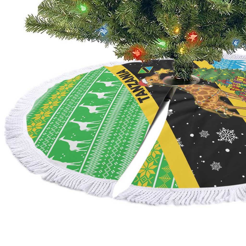 Tanzania Christmas Tree Skirt Giraffe Christmas Tree Snowflakes and Flag - African Pride