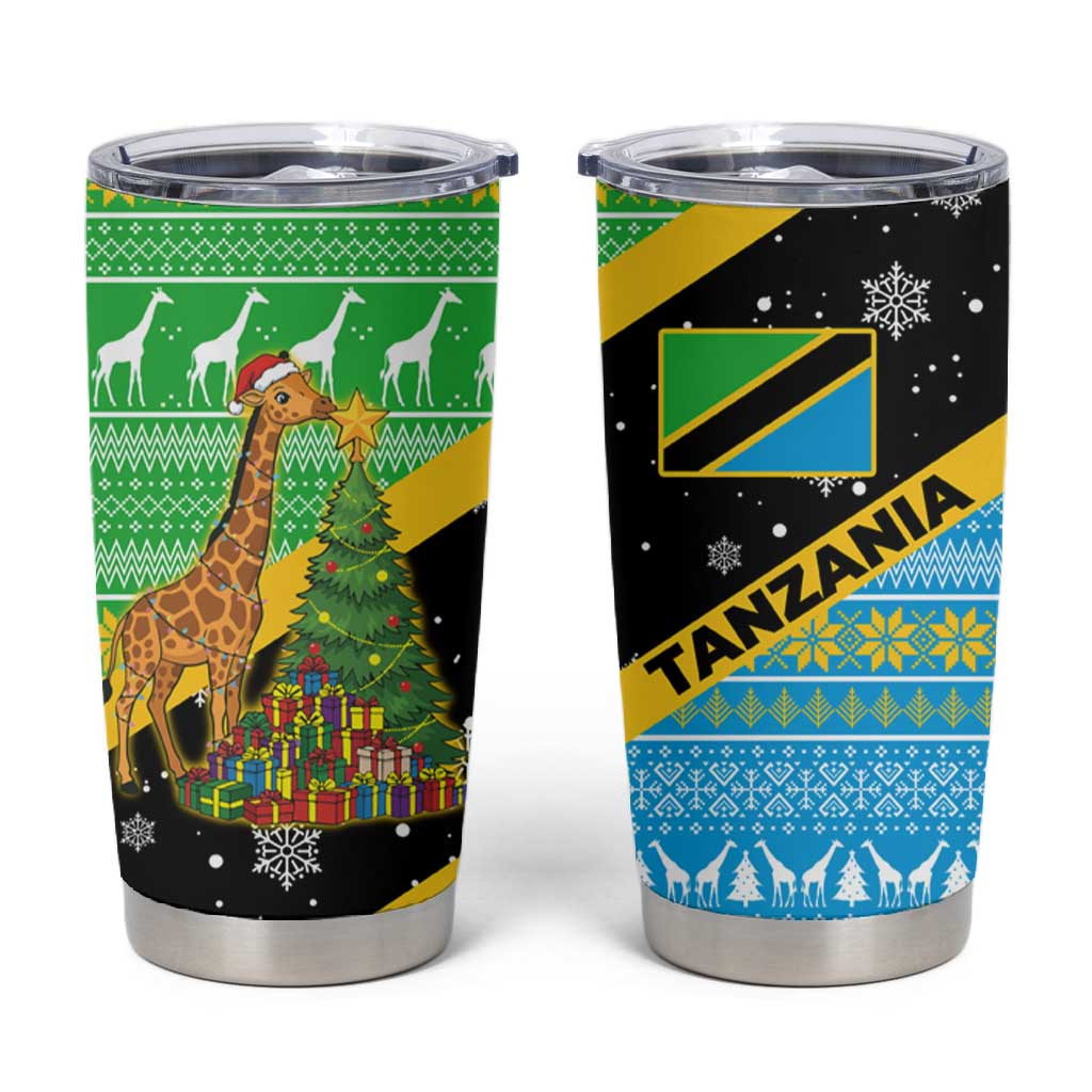 Tanzania Christmas Tumbler Cup Giraffe Christmas Tree Snowflakes and Flag - African Pride