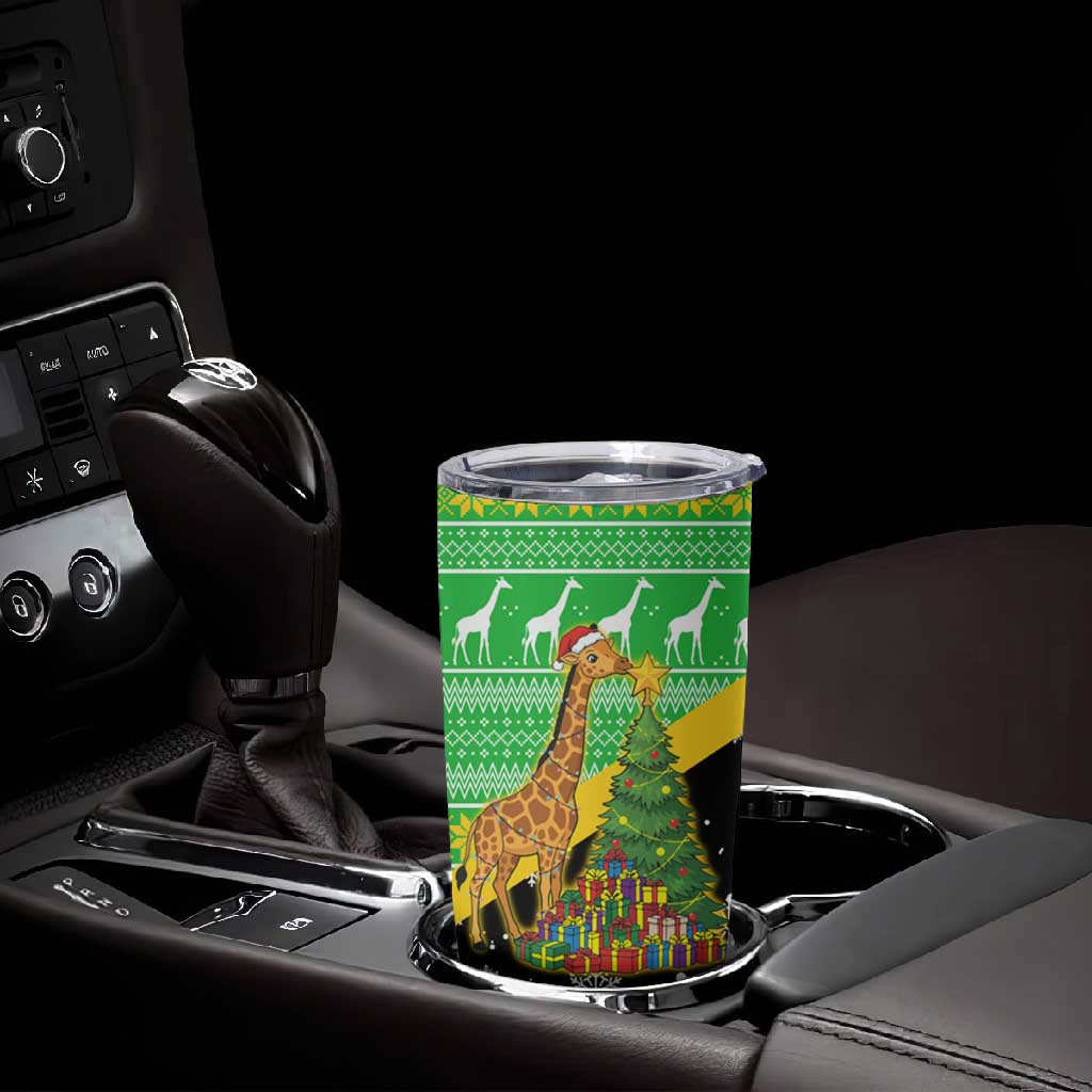 Tanzania Christmas Tumbler Cup Giraffe Christmas Tree Snowflakes and Flag - African Pride
