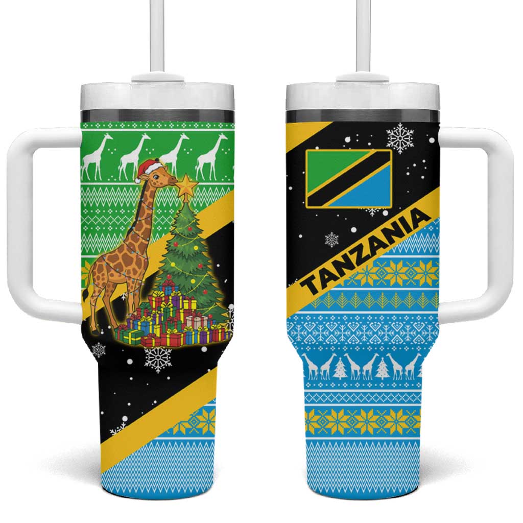 Tanzania Christmas Tumbler With Handle Giraffe Christmas Tree Snowflakes and Flag - African Pride
