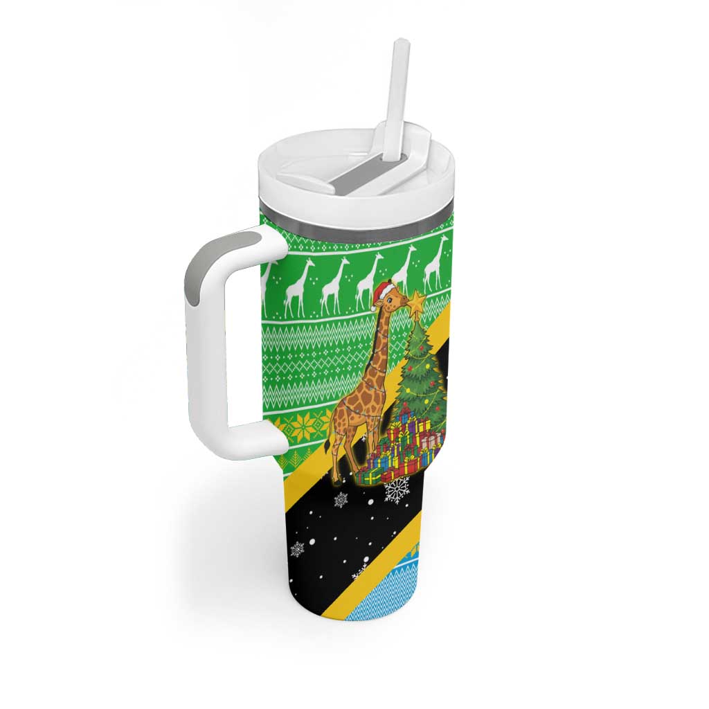 Tanzania Christmas Tumbler With Handle Giraffe Christmas Tree Snowflakes and Flag - African Pride