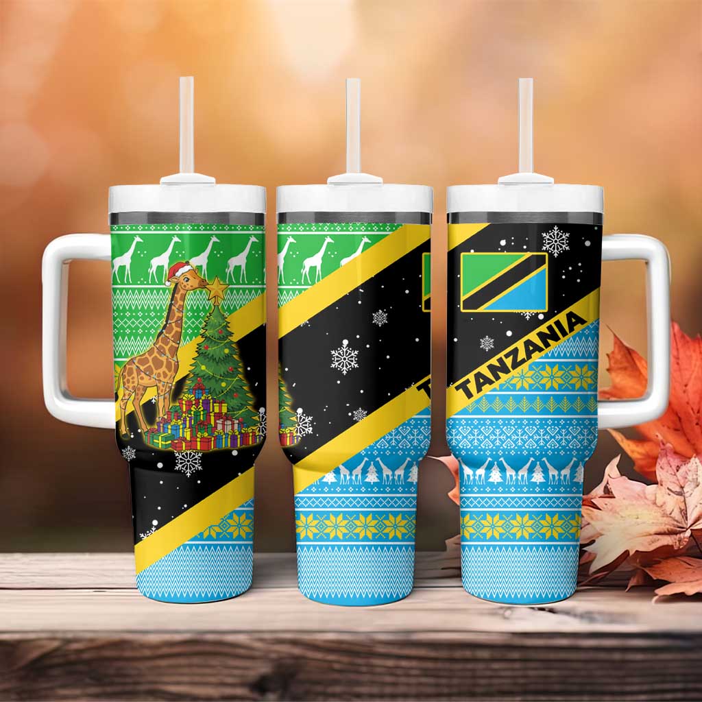 Tanzania Christmas Tumbler With Handle Giraffe Christmas Tree Snowflakes and Flag - African Pride