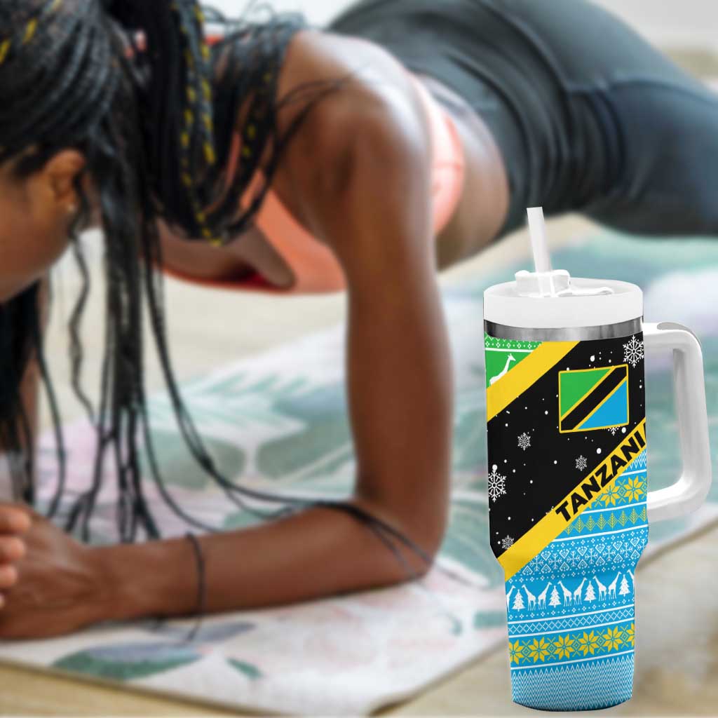 Tanzania Christmas Tumbler With Handle Giraffe Christmas Tree Snowflakes and Flag - African Pride