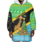 Tanzania Christmas Wearable Blanket Hoodie Giraffe Christmas Tree Snowflakes and Flag - African Pride