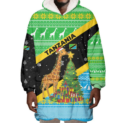 Tanzania Christmas Wearable Blanket Hoodie Giraffe Christmas Tree Snowflakes and Flag - African Pride
