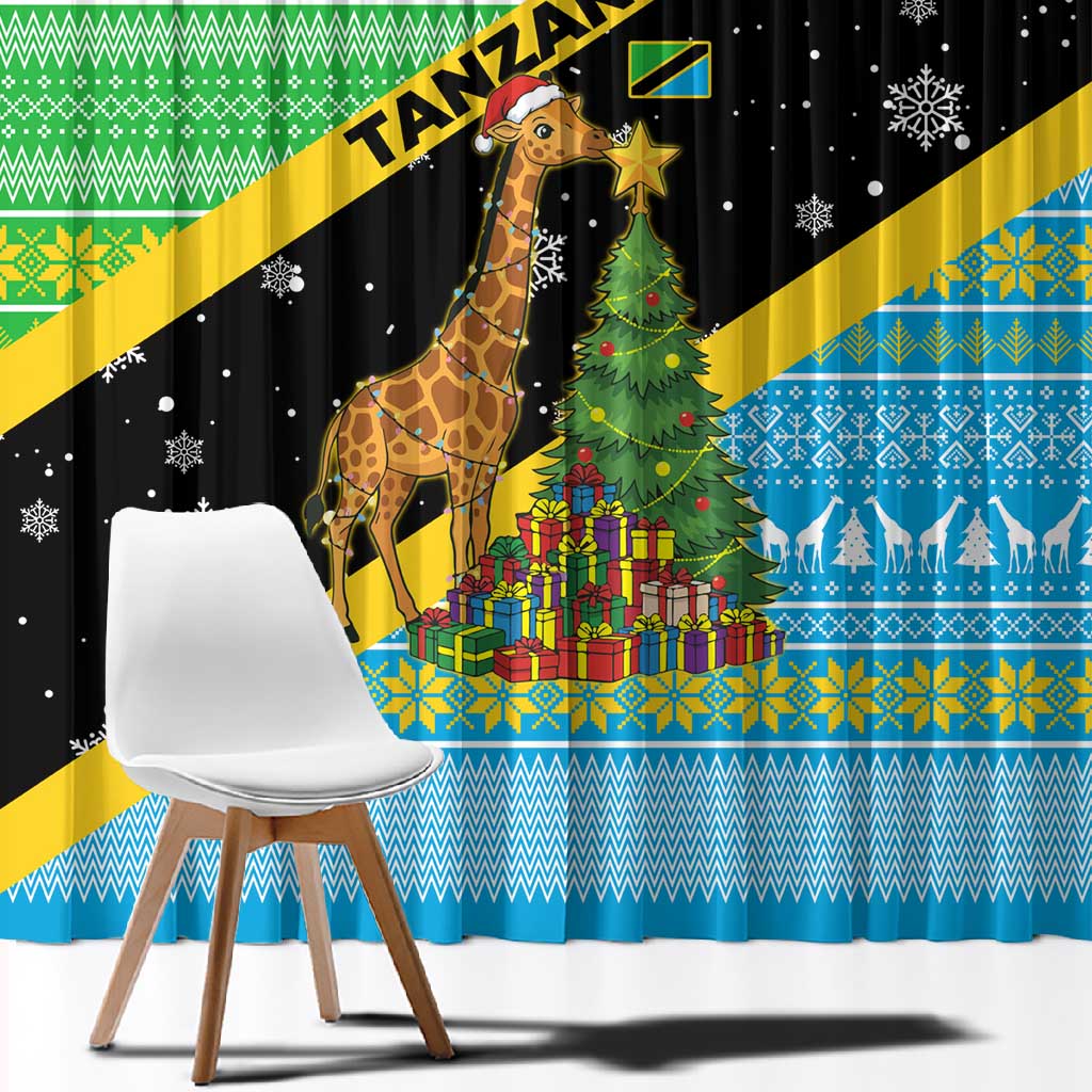 Tanzania Christmas Window Curtain Giraffe Christmas Tree Snowflakes and Flag - African Pride
