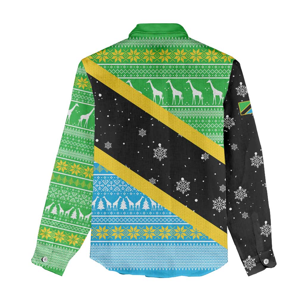 Tanzania Christmas Women Casual Shirt Giraffe Christmas Tree Snowflakes and Flag - African Pride