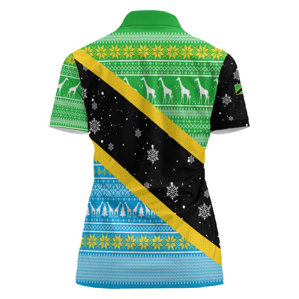 Tanzania Christmas Women Polo Shirt Giraffe Christmas Tree Snowflakes and Flag - African Pride