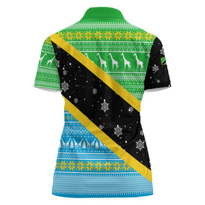 Tanzania Christmas Women Polo Shirt Giraffe Christmas Tree Snowflakes and Flag - African Pride