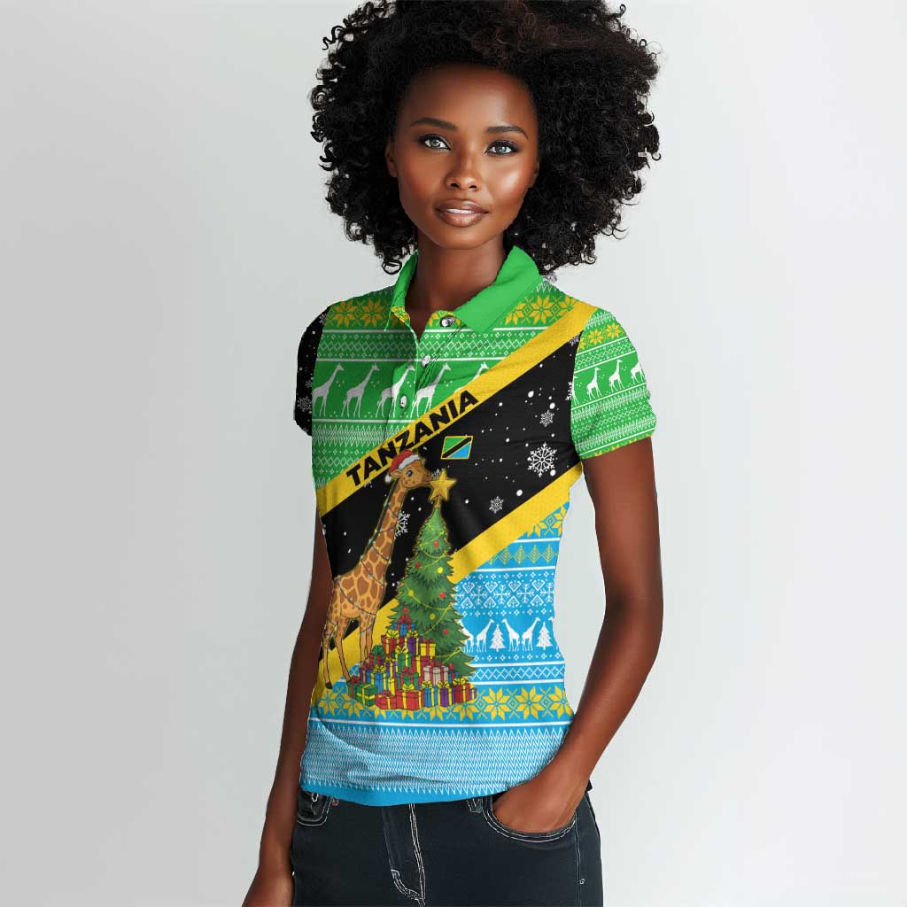 Tanzania Christmas Women Polo Shirt Giraffe Christmas Tree Snowflakes and Flag - African Pride