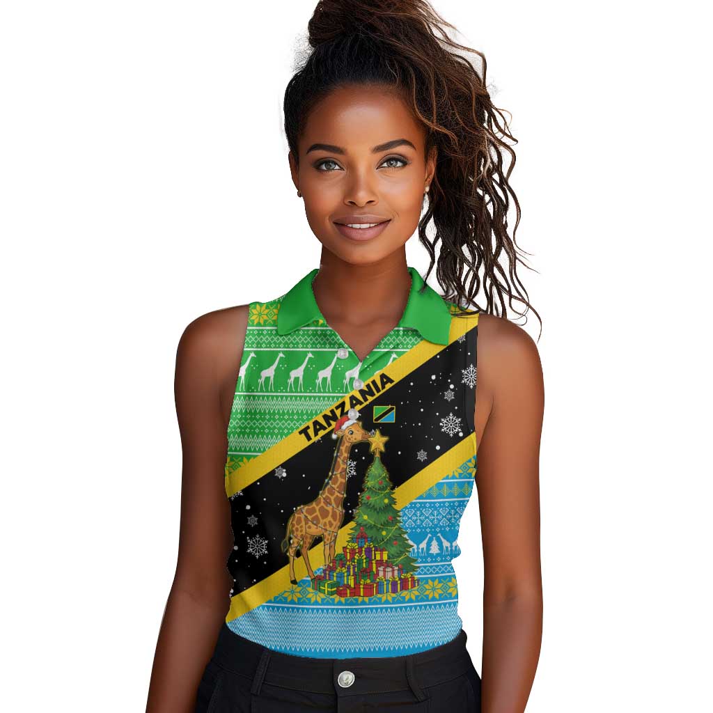Tanzania Christmas Women Sleeveless Polo Shirt Giraffe Christmas Tree Snowflakes and Flag - African Pride