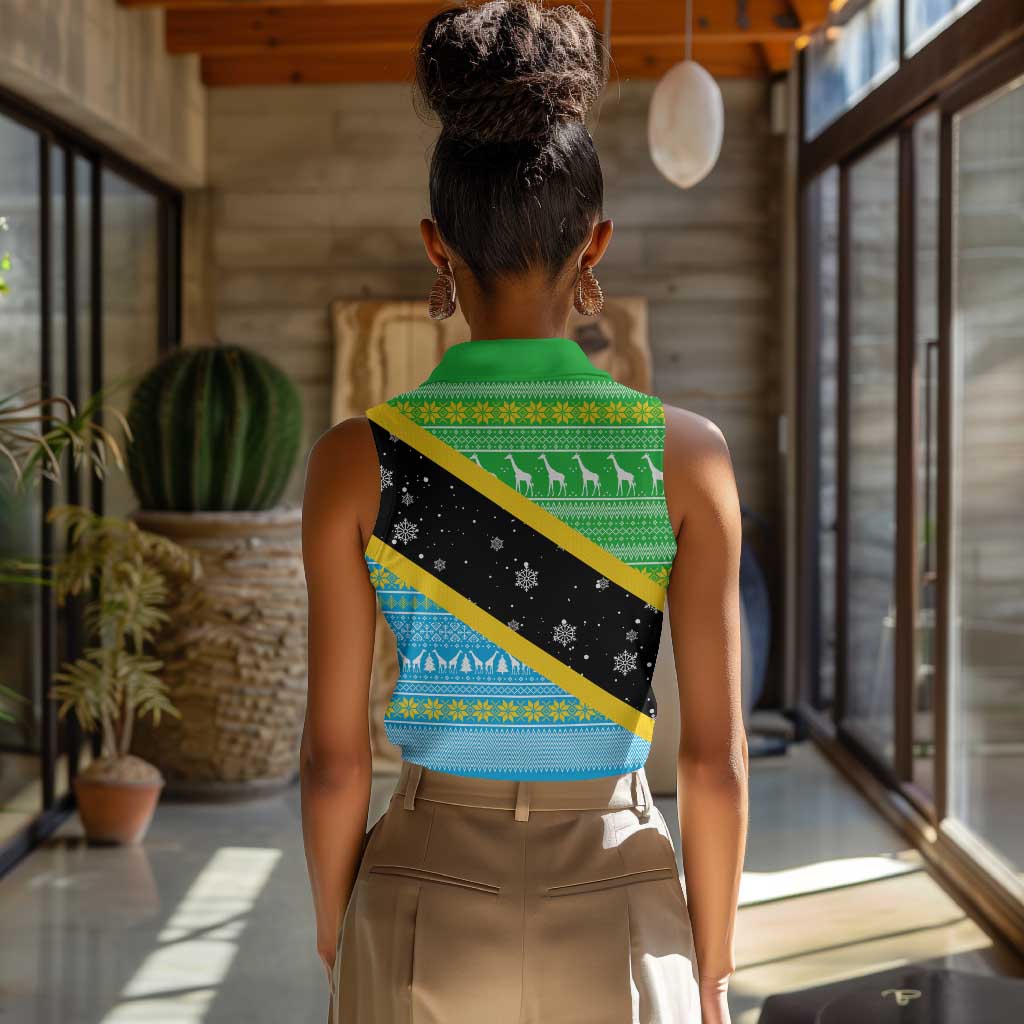Tanzania Christmas Women Sleeveless Polo Shirt Giraffe Christmas Tree Snowflakes and Flag - African Pride