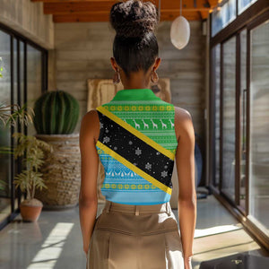 Tanzania Christmas Women Sleeveless Polo Shirt Giraffe Christmas Tree Snowflakes and Flag - African Pride