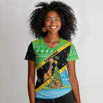 Tanzania Christmas Women V-Neck T-Shirt Giraffe Christmas Tree Snowflakes and Flag - African Pride