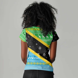 Tanzania Christmas Women V-Neck T-Shirt Giraffe Christmas Tree Snowflakes and Flag - African Pride