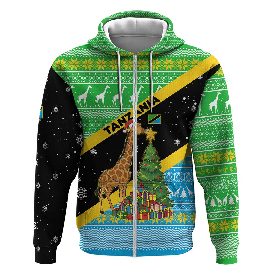 Tanzania Christmas Zip Hoodie Giraffe Christmas Tree Snowflakes and Flag - African Pride