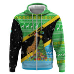 Tanzania Christmas Zip Hoodie Giraffe Christmas Tree Snowflakes and Flag - African Pride