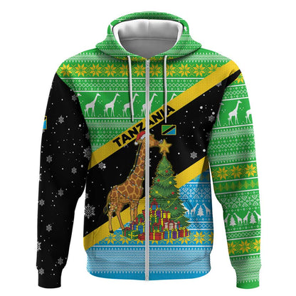 Tanzania Christmas Zip Hoodie Giraffe Christmas Tree Snowflakes and Flag - African Pride