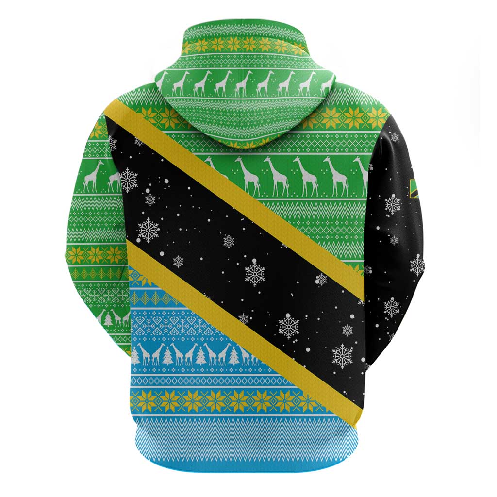 Tanzania Christmas Zip Hoodie Giraffe Christmas Tree Snowflakes and Flag - African Pride