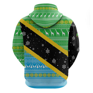 Tanzania Christmas Zip Hoodie Giraffe Christmas Tree Snowflakes and Flag - African Pride