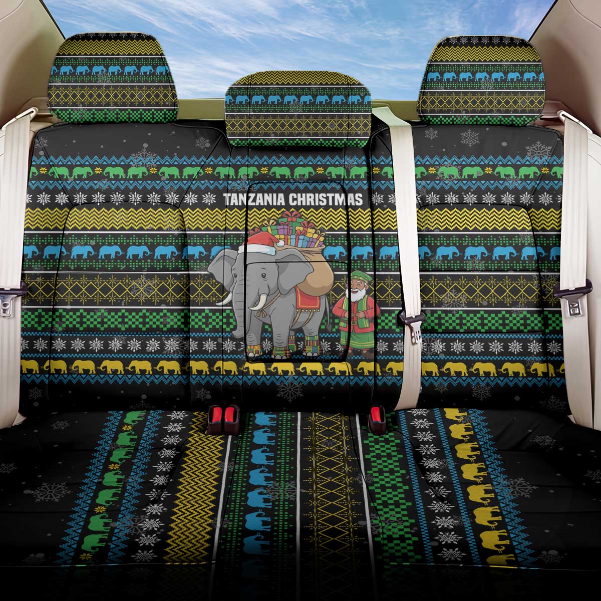 Tanzania Christmas Back Car Seat Cover African Santa Riding Elephant Snowflakes - African Pride