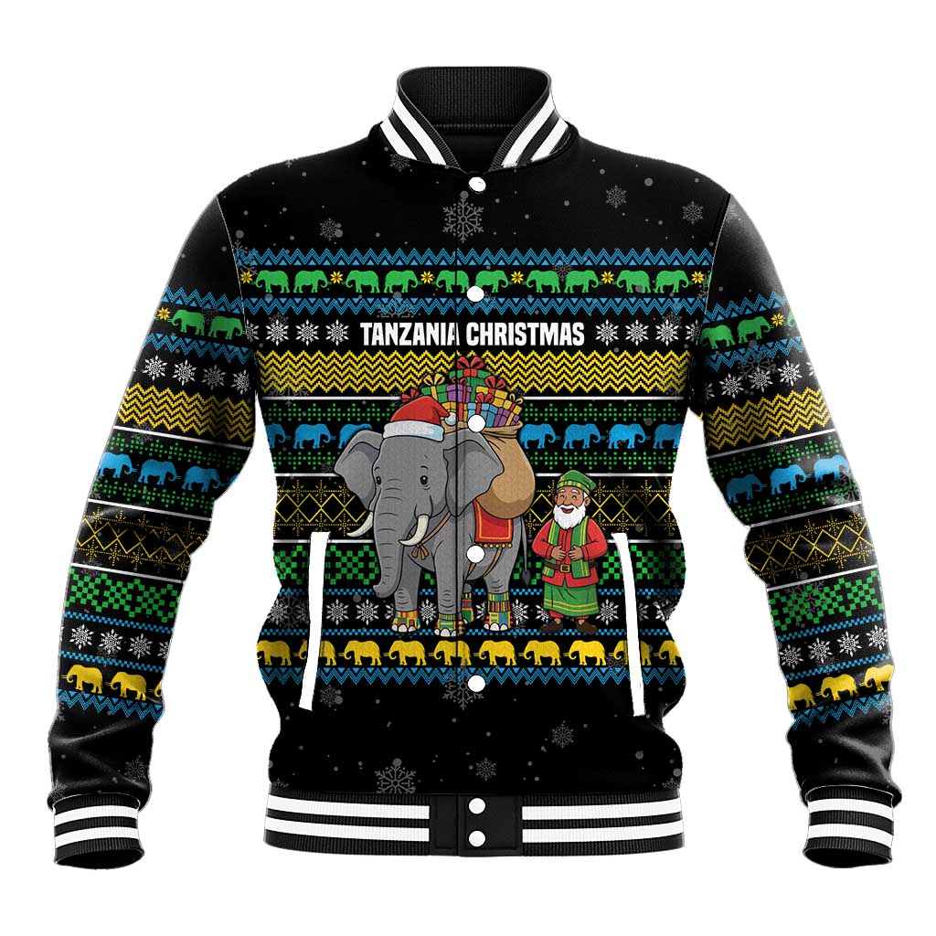 Tanzania Christmas Baseball Jacket African Santa Riding Elephant Snowflakes - African Pride