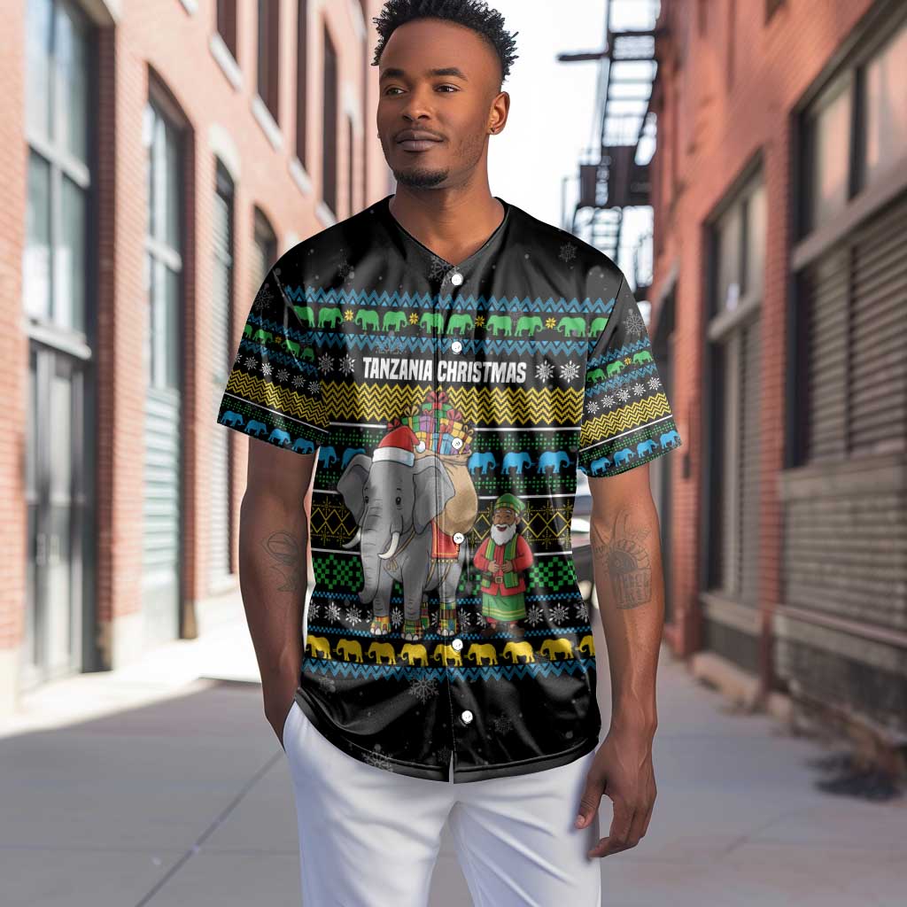 Tanzania Christmas Baseball Jersey African Santa Riding Elephant Snowflakes - African Pride
