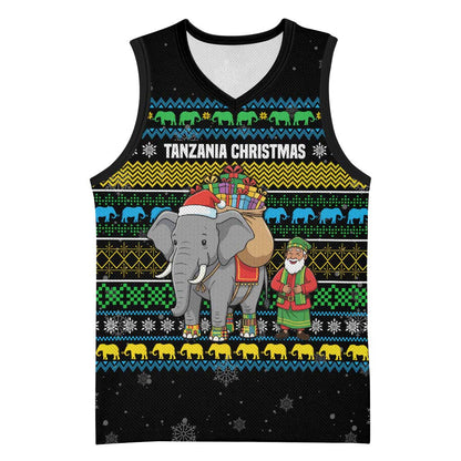 Tanzania Christmas Basketball Jersey African Santa Riding Elephant Snowflakes - African Pride
