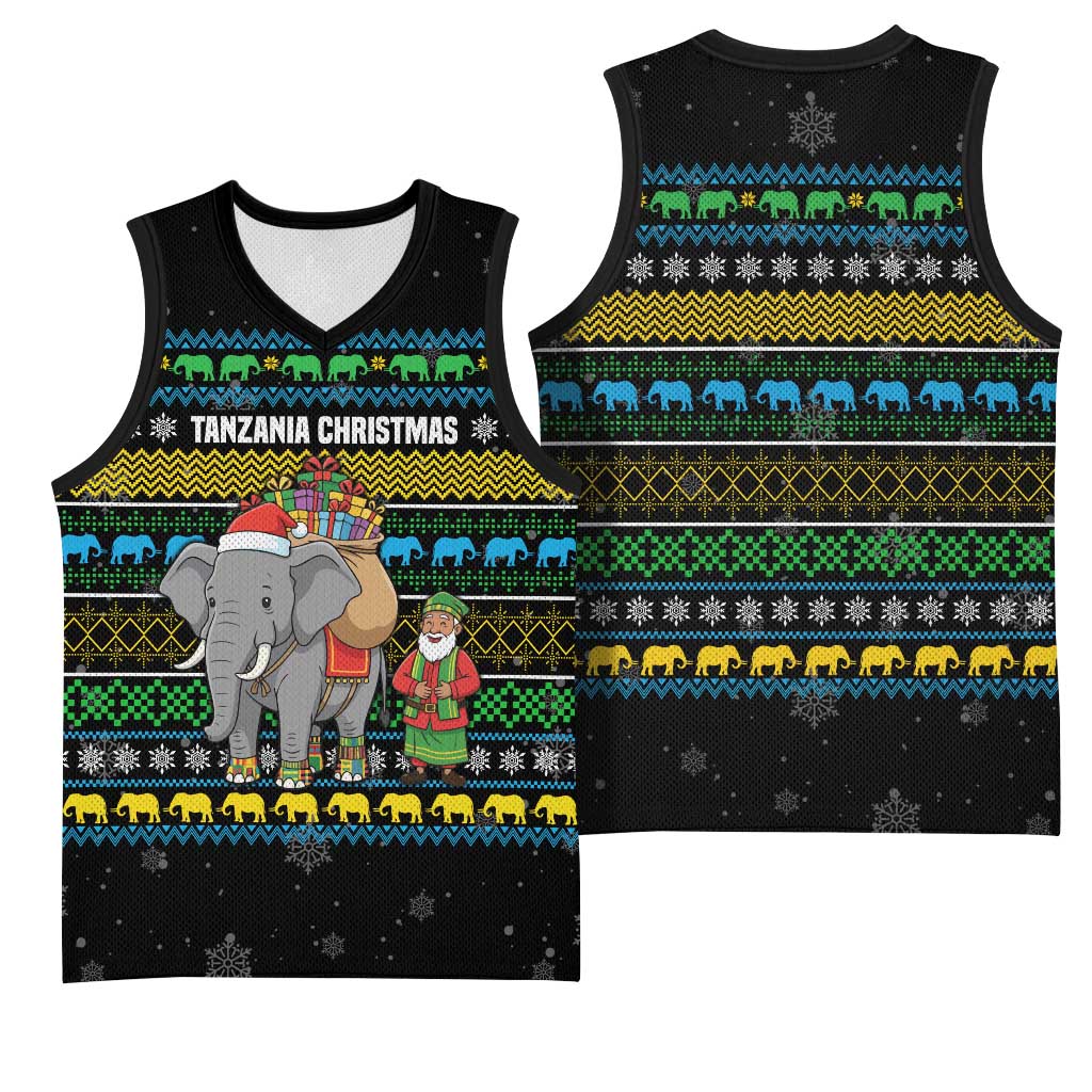 Tanzania Christmas Basketball Jersey African Santa Riding Elephant Snowflakes - African Pride