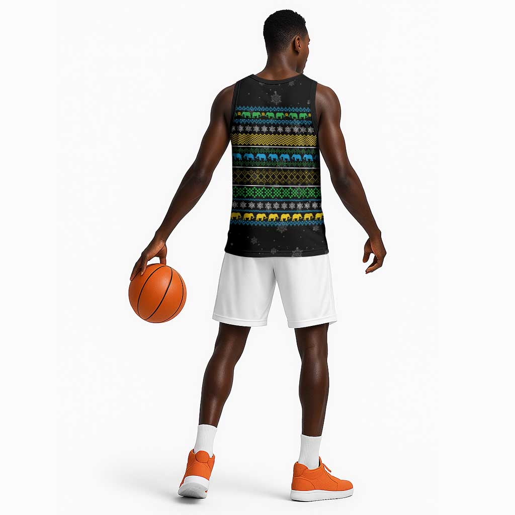 Tanzania Christmas Basketball Jersey African Santa Riding Elephant Snowflakes - African Pride