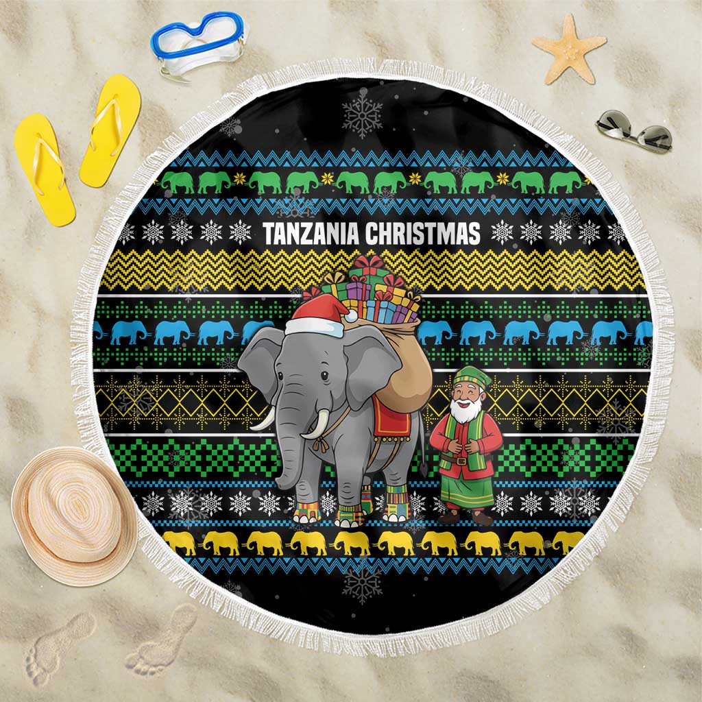 Tanzania Christmas Beach Blanket African Santa Riding Elephant Snowflakes - African Pride