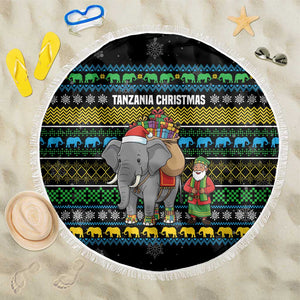Tanzania Christmas Beach Blanket African Santa Riding Elephant Snowflakes - African Pride