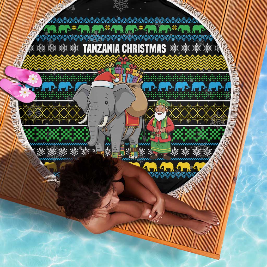 Tanzania Christmas Beach Blanket African Santa Riding Elephant Snowflakes - African Pride