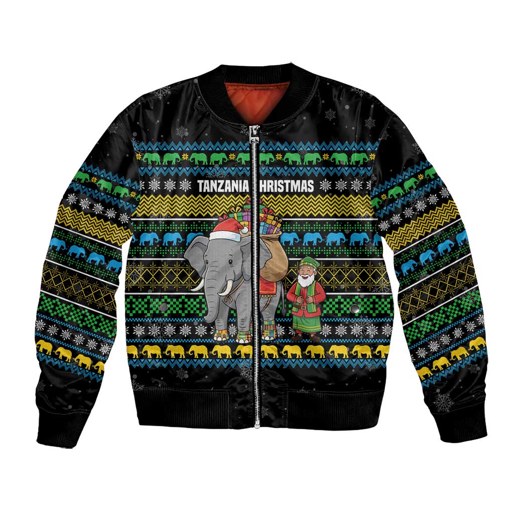 Tanzania Christmas Bomber Jacket African Santa Riding Elephant Snowflakes - African Pride