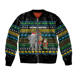 Tanzania Christmas Bomber Jacket African Santa Riding Elephant Snowflakes - African Pride